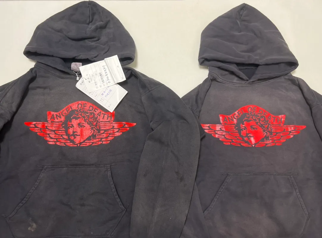 Printed proofing SAINT Mxxxxxx ANGEL HOODIE/BLK Angel Reborn Cracked Printed Retro Distressed Hoodie Washed Black S-XL